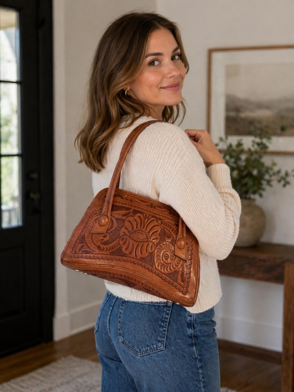 Flores' Bags Vintage Genuine Leather Hand Tooled Purse Floral Made in Mexico